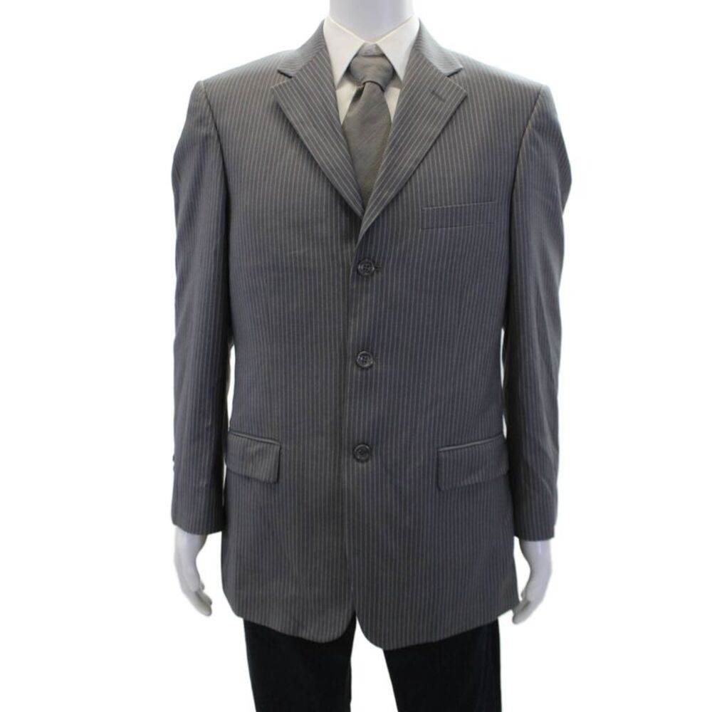 Caravelli Mens Textured Long Sleeve Stripe Print Button Blazer Gray Size EUR 38